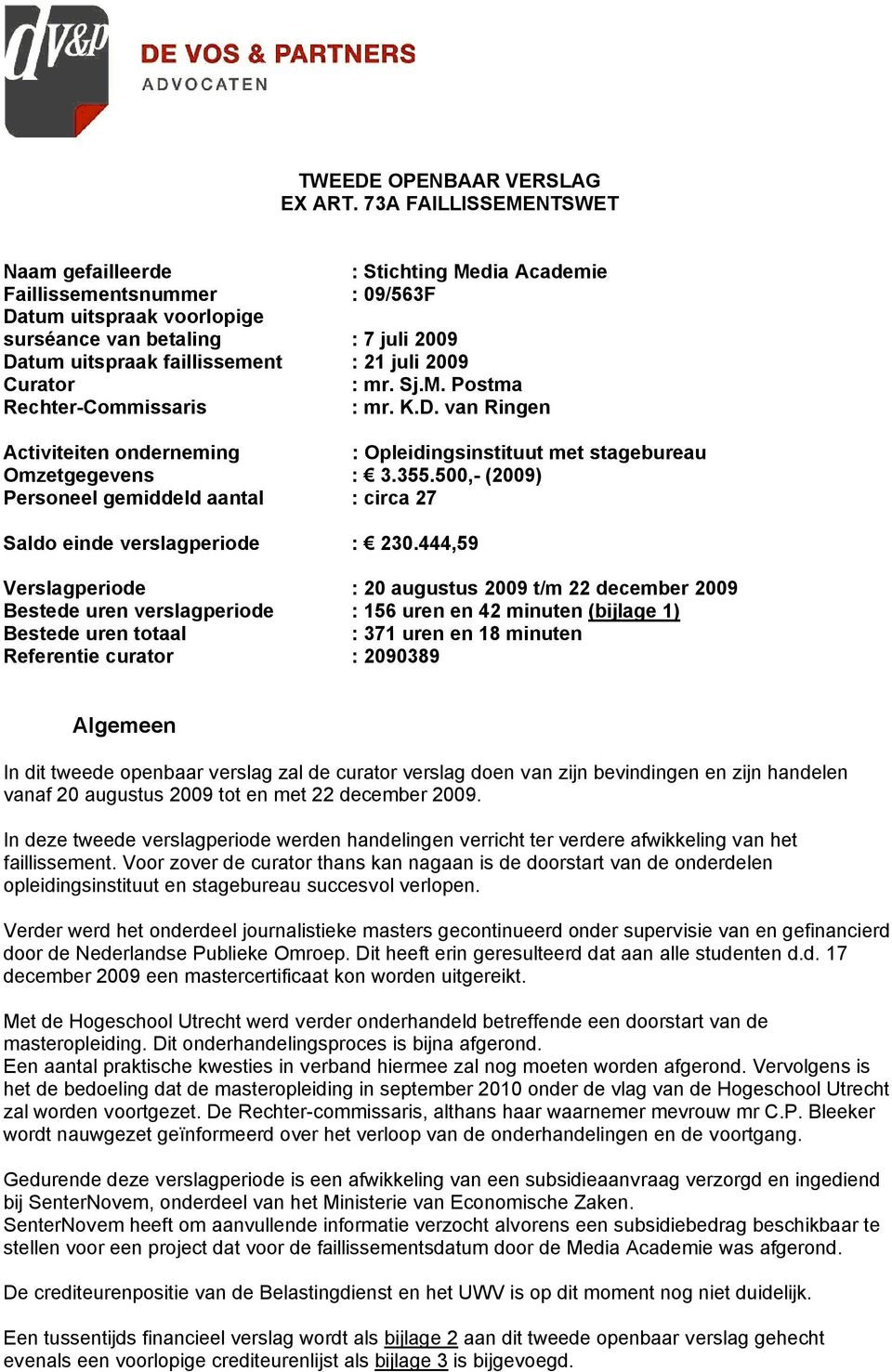 juli 2009 Curator : mr. Sj.M. Postma Rechter-Commissaris : mr. K.D. van Ringen Activiteiten onderneming : Opleidingsinstituut met stagebureau Omzetgegevens : 3.355.