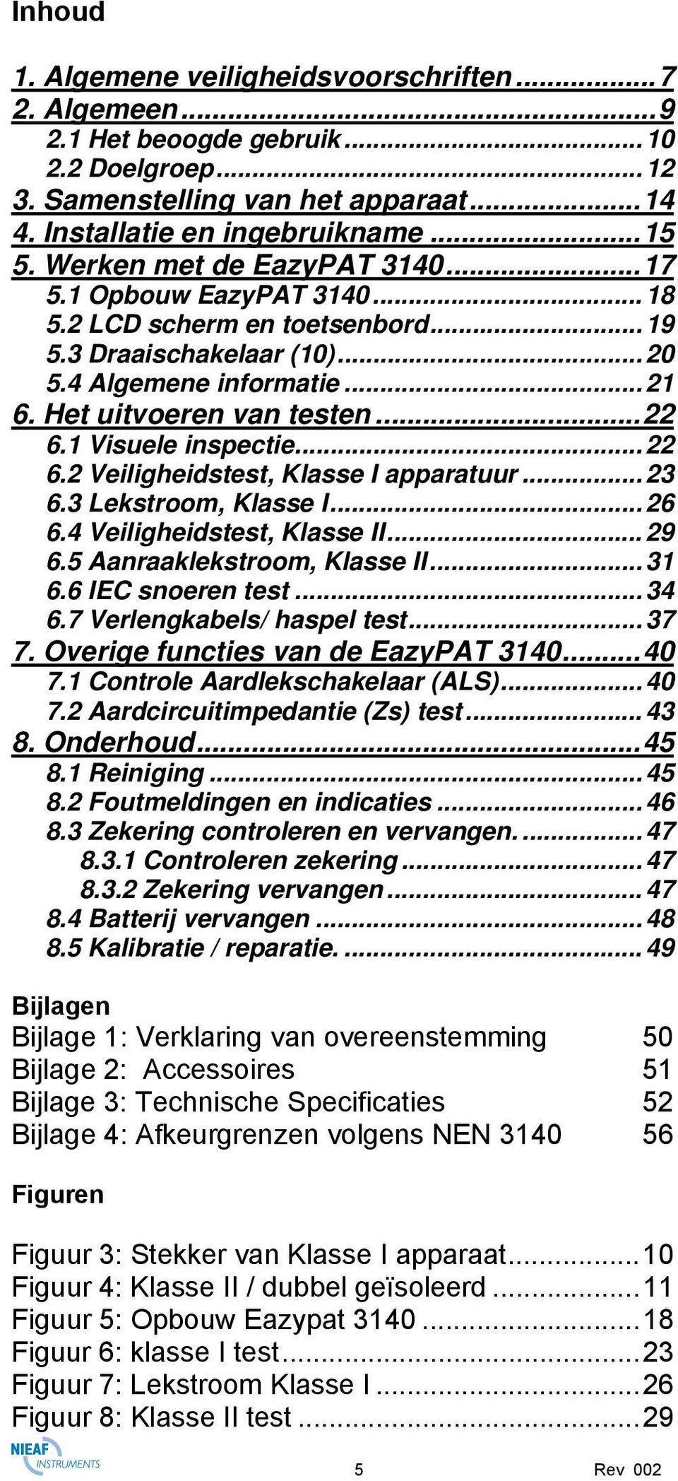 1 Visuele inspectie... 22 6.2 Veiligheidstest, Klasse I apparatuur... 23 6.3 Lekstroom, Klasse I... 26 6.4 Veiligheidstest, Klasse II... 29 6.5 Aanraaklekstroom, Klasse II... 31 6.6 IEC snoeren test.