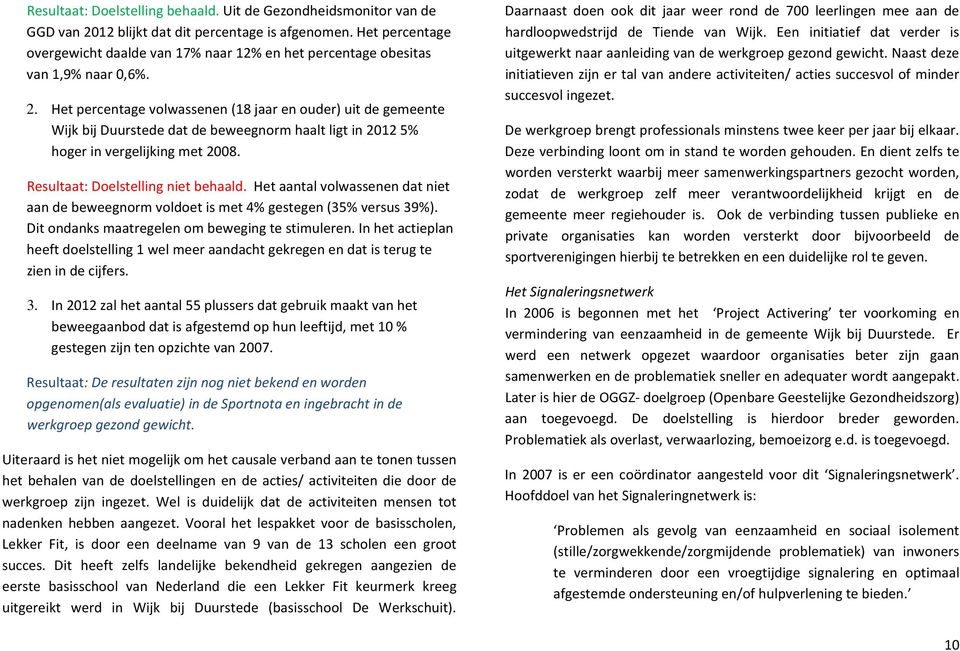 Het percentage volwassenen (18 jaar en ouder) uit de gemeente Wijk bij Duurstede dat de beweegnorm haalt ligt in 2012 5% hoger in vergelijking met 2008. Resultaat: Doelstelling niet behaald.