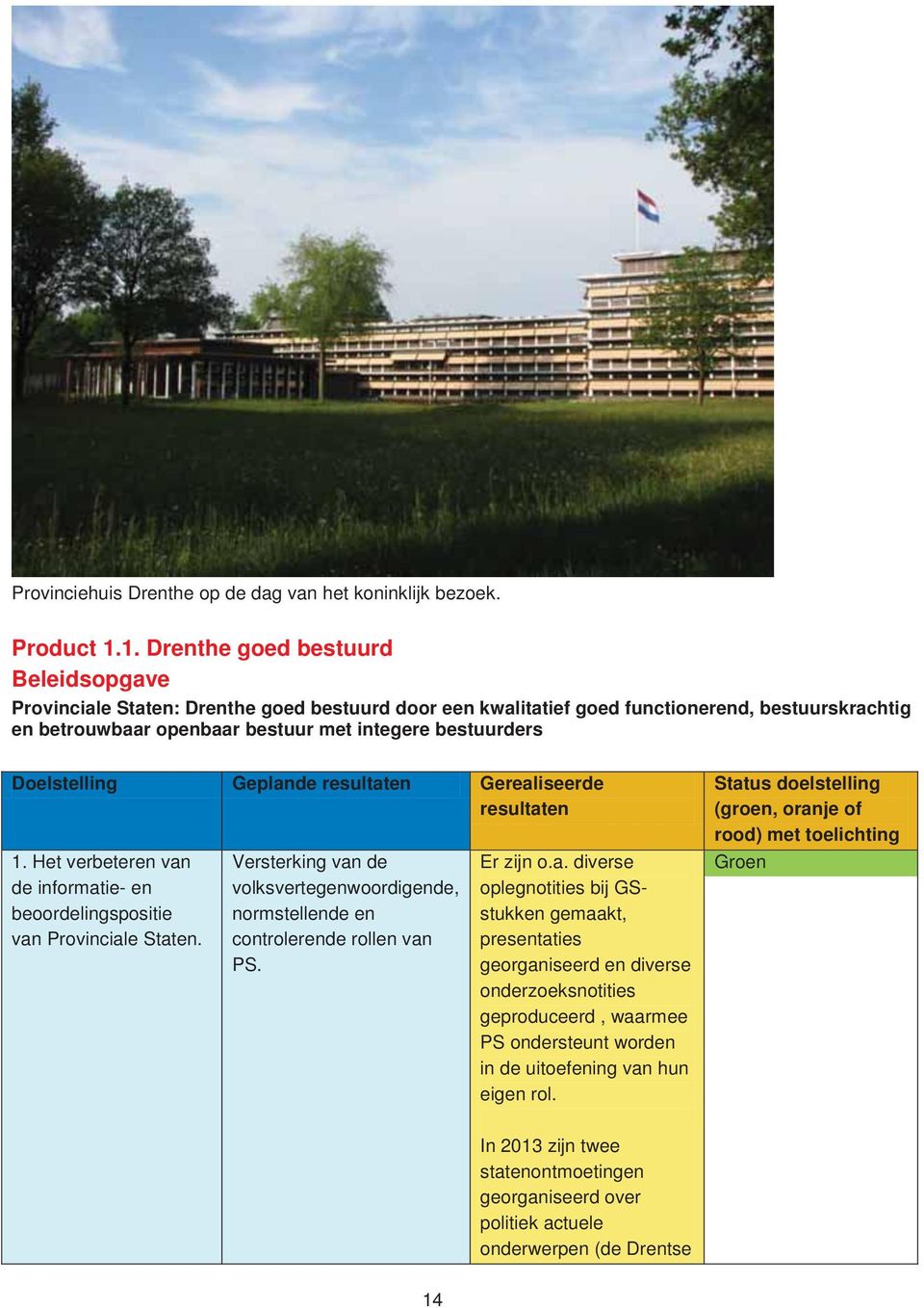 Doelstelling Geplande resultaten Gerealiseerde resultaten 1. Het verbeteren van de informatie- en beoordelingspositie van Provinciale Staten.