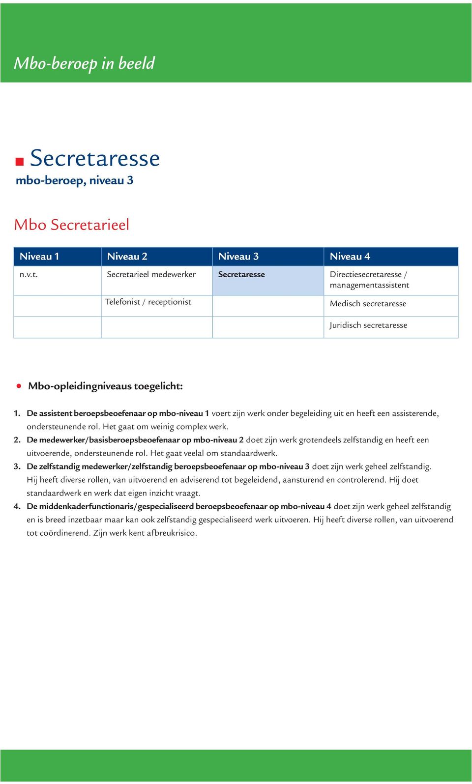 Secretarieel medewerker Directiesecretaresse / managementassistent Telefonist / receptionist Medisch secretaresse Juridisch secretaresse Mbo-opleidingniveaus toegelicht: 1.