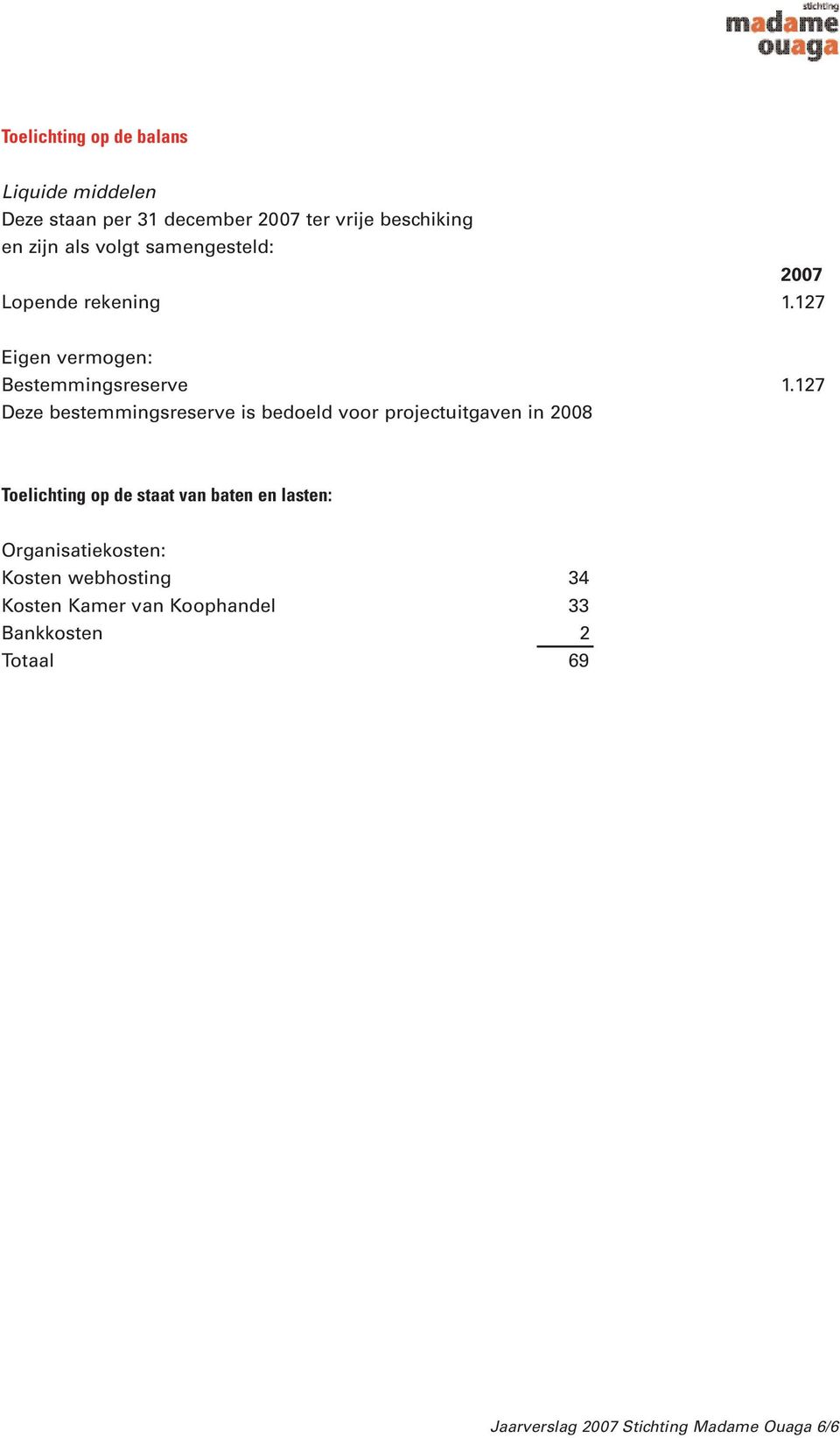 127 Deze bestemmingsreserve is bedoeld voor projectuitgaven in 2008 Toelichting op de staat van baten en