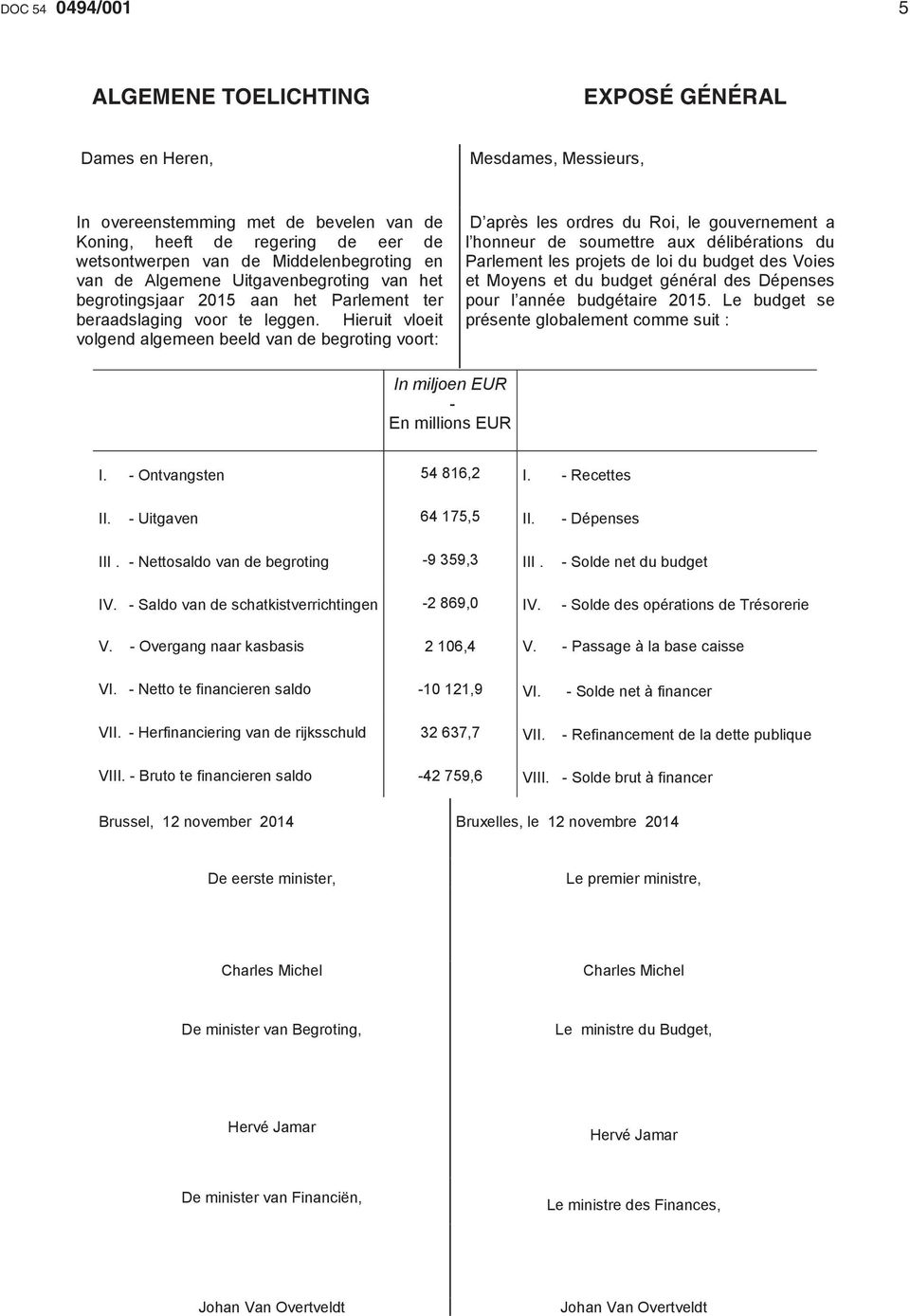 Hieruit vloeit volgend algemeen beeld van de begroting voort: D après les ordres du Roi, le gouvernement a l honneur de soumettre aux délibérations du Parlement les projets de loi du budget des Voies