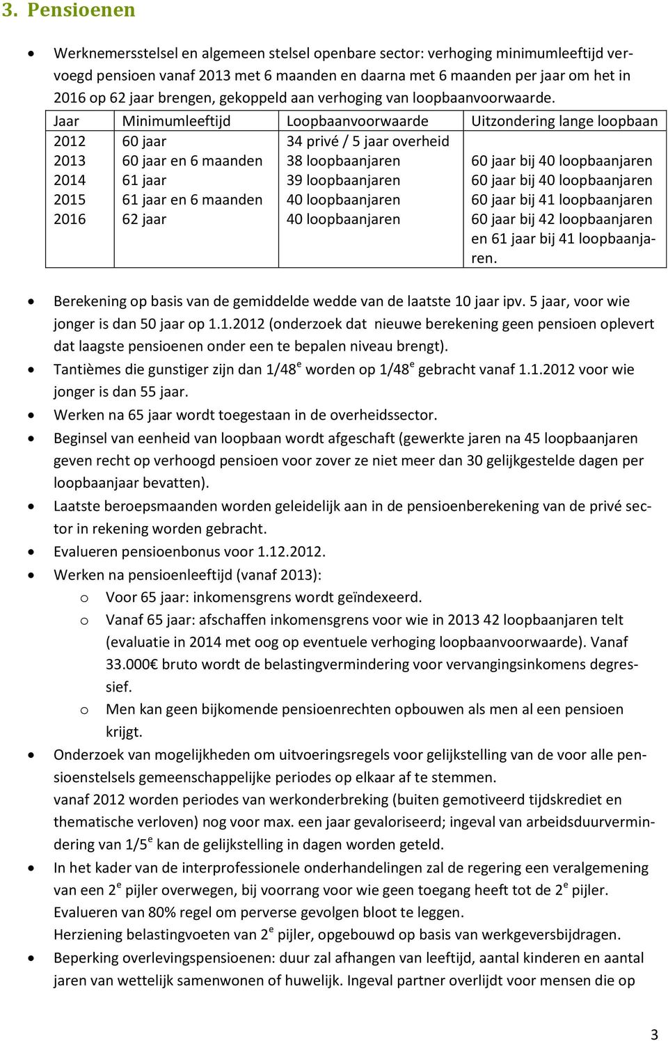 Jaar Minimumleeftijd Loopbaanvoorwaarde Uitzondering lange loopbaan 2012 2013 2014 2015 2016 60 jaar 60 jaar en 6 maanden 61 jaar 61 jaar en 6 maanden 62 jaar 34 privé / 5 jaar overheid 38