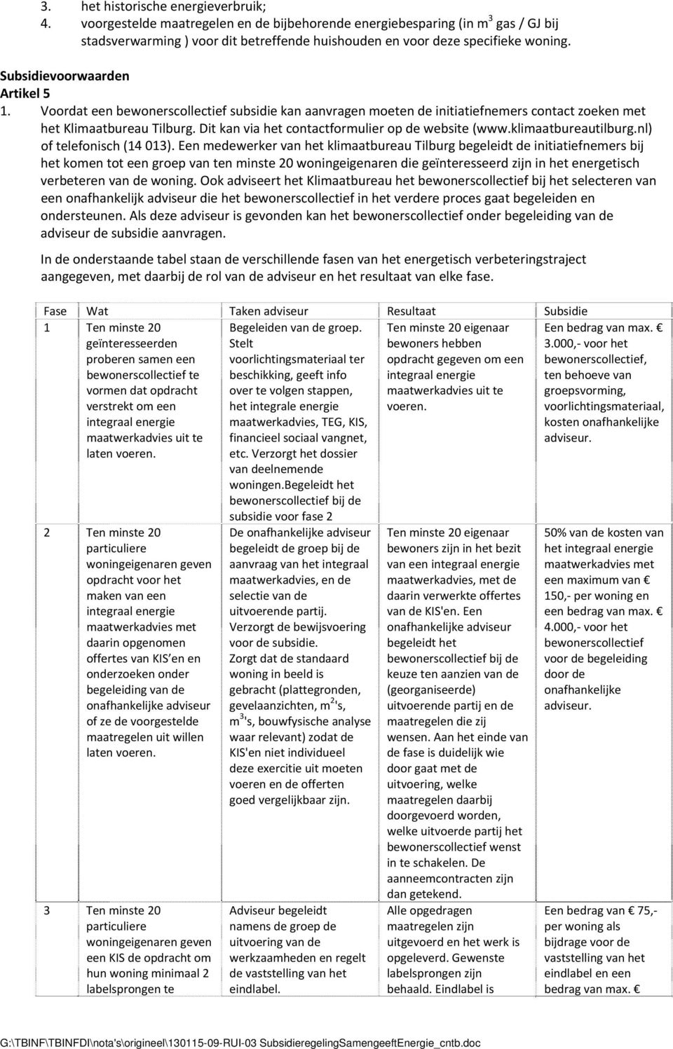 Voordat een bewonerscollectief subsidie kan aanvragen moeten de initiatiefnemers contact zoeken met het Klimaatbureau Tilburg. Dit kan via het contactformulier op de website (www.klimaatbureautilburg.