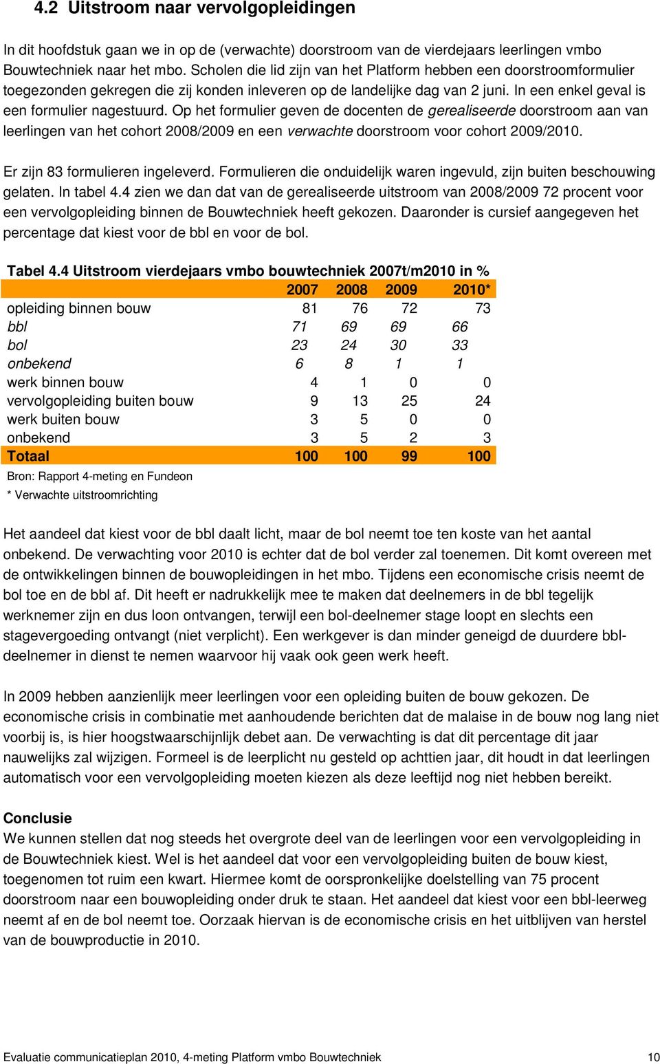 Op het formulier geven de docenten de gerealiseerde doorstroom aan van leerlingen van het cohort 2008/2009 en een verwachte doorstroom voor cohort 2009/2010. Er zijn 83 formulieren ingeleverd.