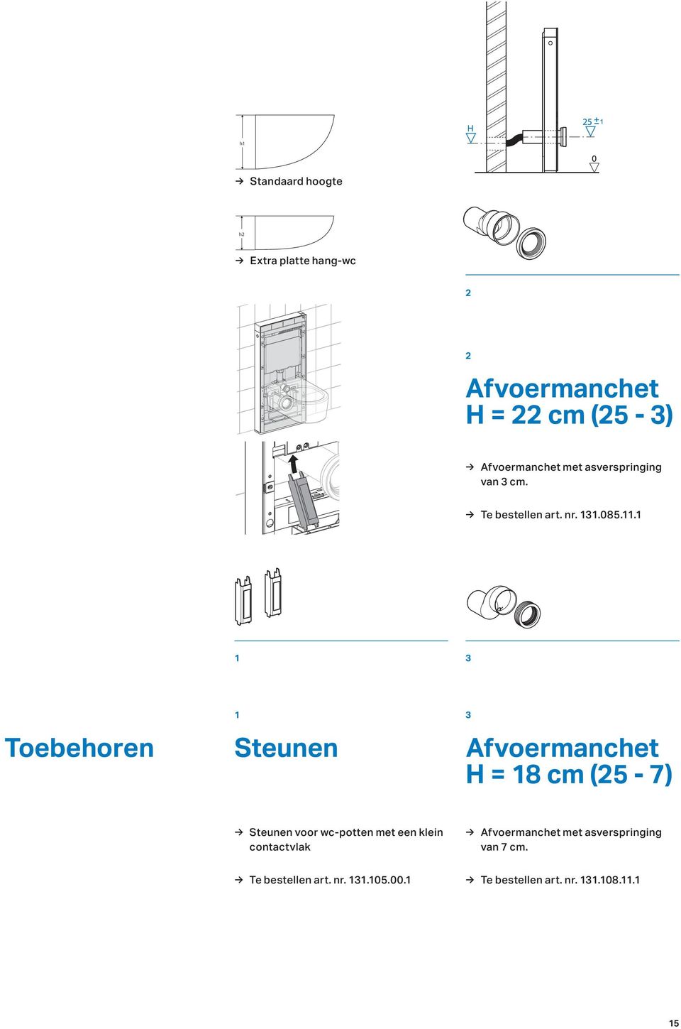 1 1 3 Toebehoren 1 Steunen 3 Afvoermanchet H = 18 cm (25-7) Steunen voor wc-potten met een