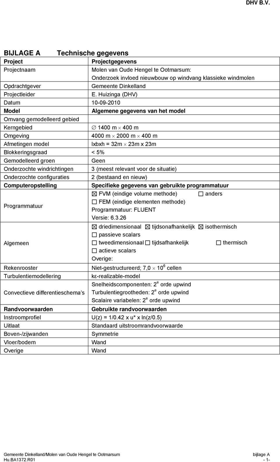 Huizinga (DHV) Datum 10-09-2010 Model Omvang gemodelleerd gebied Kerngebied Omgeving Afmetingen model Blokkeringsgraad < 5% Gemodelleerd groen Onderzochte windrichtingen Onderzochte configuraties