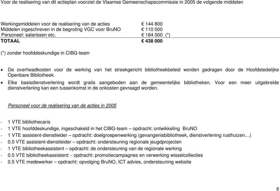 184 000 (*) TOTAAL 438 000 (*) zonder hoofddeskundige in CIBG-team De overheadkosten voor de werking van het streekgericht bibliotheekbeleid worden gedragen door de Hoofdstedelijke Openbare