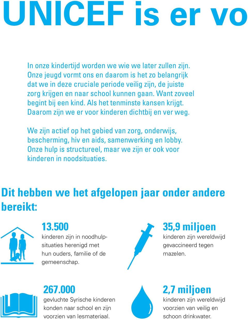 Als het tenminste kansen krijgt. Daarom zijn we er voor kinderen dichtbij en ver weg. We zijn actief op het gebied van zorg, onderwijs, bescherming, hiv en aids, samenwerking en lobby.