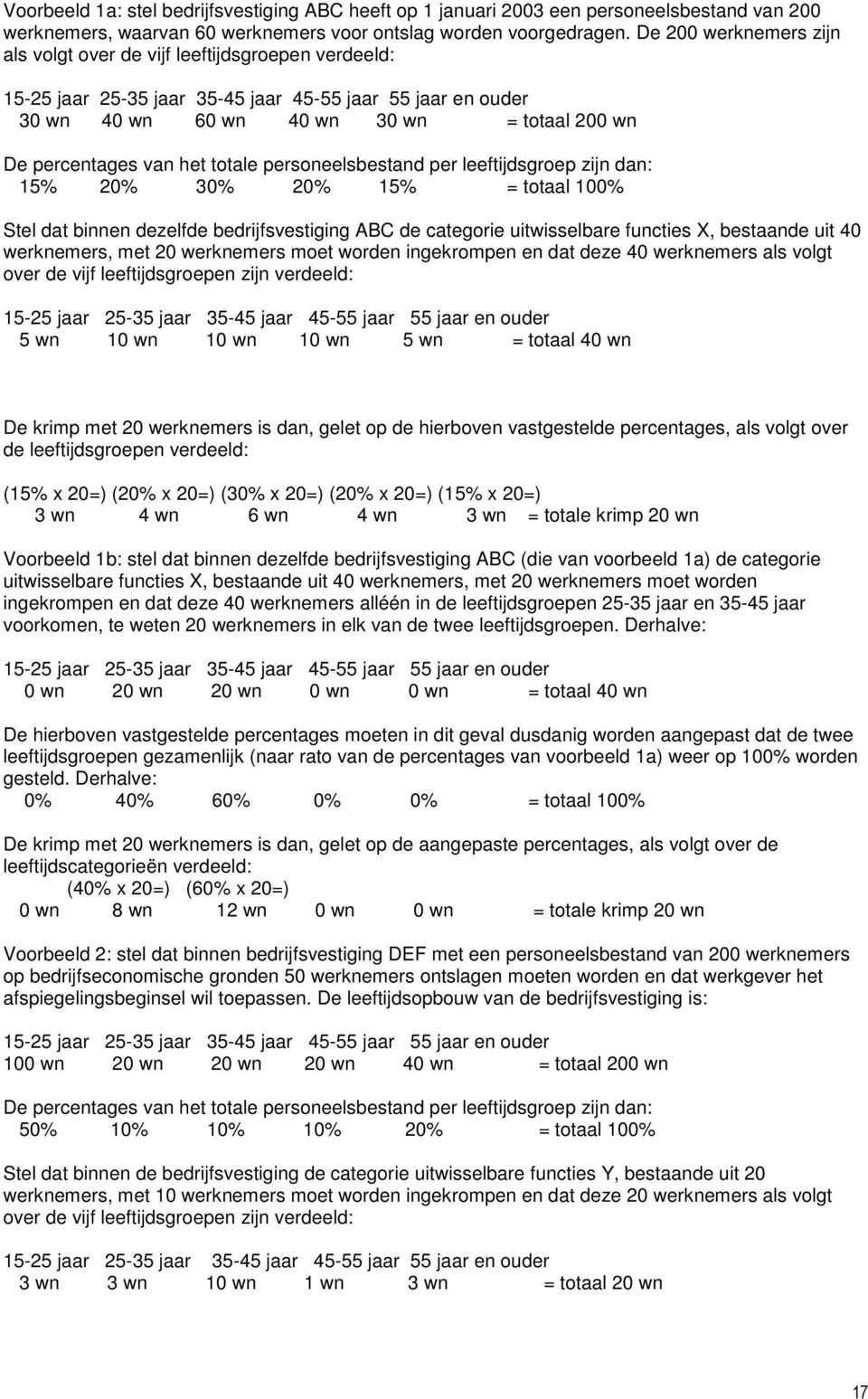 het totale personeelsbestand per leeftijdsgroep zijn dan: 15% 20% 30% 20% 15% = totaal 100% Stel dat binnen dezelfde bedrijfsvestiging ABC de categorie uitwisselbare functies X, bestaande uit 40