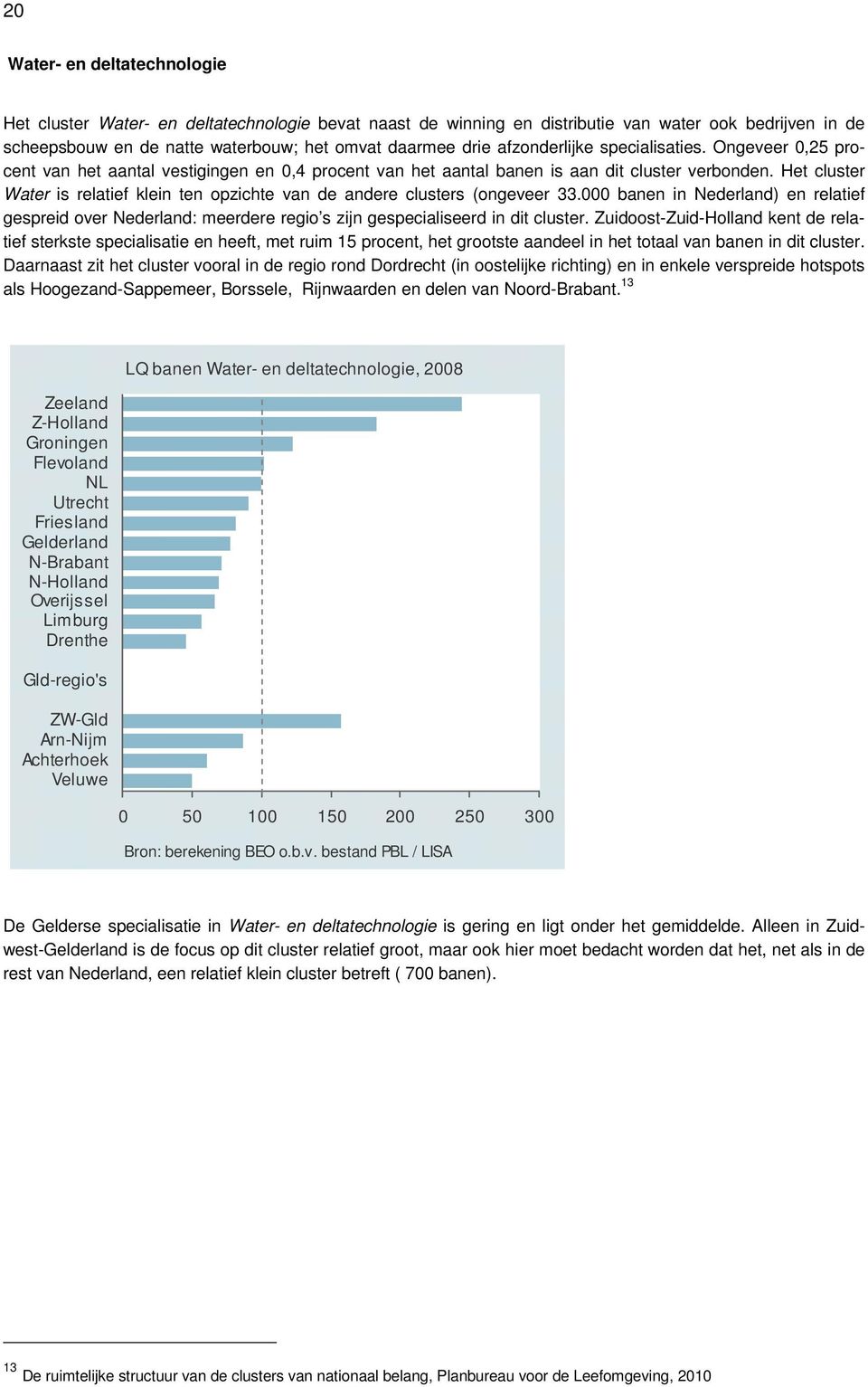 Het cluster Water is relatief klein ten opzichte van de andere clusters (ongeveer 33.000 banen in Nederland) en relatief gespreid over Nederland: meerdere regio s zijn gespecialiseerd in dit cluster.