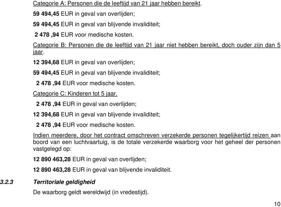 12 394,68 EUR in geval van overlijden; 59 494,45 EUR in geval van blijvende invaliditeit; 2 478,94 EUR voor medische kosten. Categorie C: Kinderen tot 5 jaar.