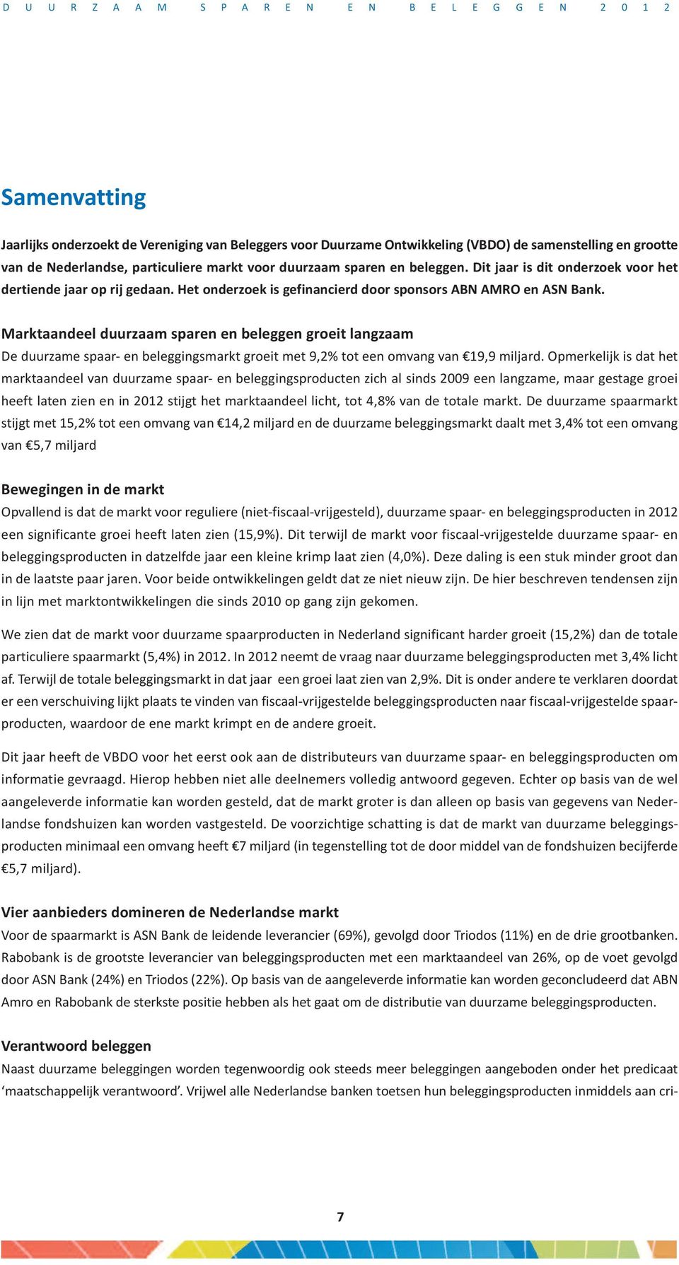 Marktaandeel duurzaam sparen en beleggen groeit langzaam De duurzame spaar- en beleggingsmarkt groeit met 9,2% tot een omvang van 19,9 miljard.