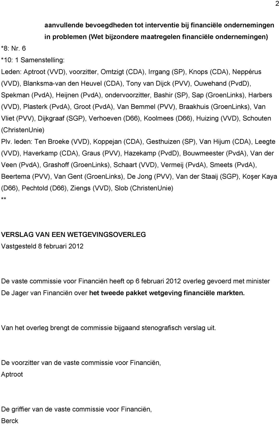(PvdA), Heijnen (PvdA), ondervoorzitter, Bashir (SP), Sap (GroenLinks), Harbers (VVD), Plasterk (PvdA), Groot (PvdA), Van Bemmel (PVV), Braakhuis (GroenLinks), Van Vliet (PVV), Dijkgraaf (SGP),