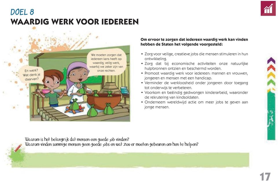 Zorg dat bij economische activiteiten onze natuurlijke hulpbronnen ontzien en beschermd worden. Promoot waardig werk voor iedereen: mannen en vrouwen, jongeren en mensen met een handicap.