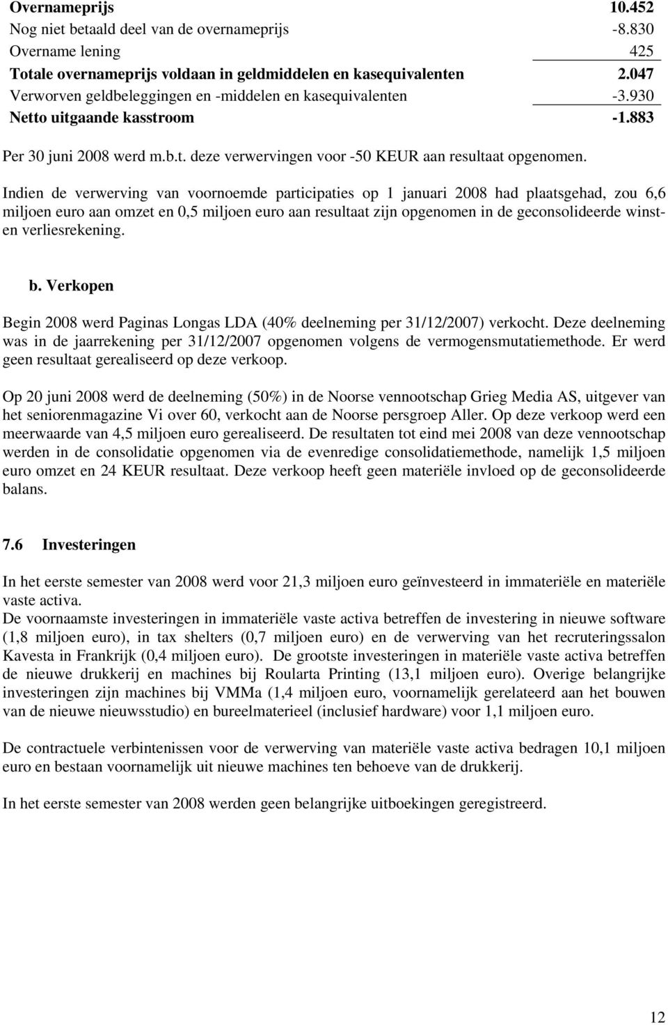 Indien de verwerving van voornoemde participaties op 1 januari 2008 had plaatsgehad, zou 6,6 miljoen euro aan omzet en 0,5 miljoen euro aan resultaat zijn opgenomen in de geconsolideerde winsten