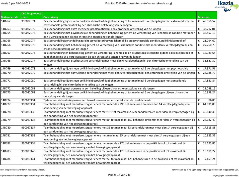 712,01 14D764 990022073 Basisbehandeling met psychosociale behandeling en behandeling gericht op verbetering van lichamelijke conditie met meer 36.