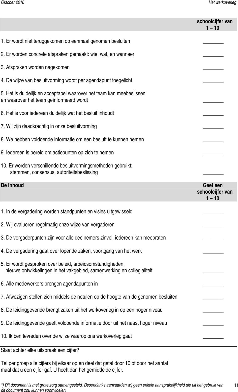 Het is voor iedereen duidelijk wat het besluit inhoudt 7. Wij zijn daadkrachtig in onze besluitvorming 8. We hebben voldoende informatie om een besluit te kunnen nemen 9.