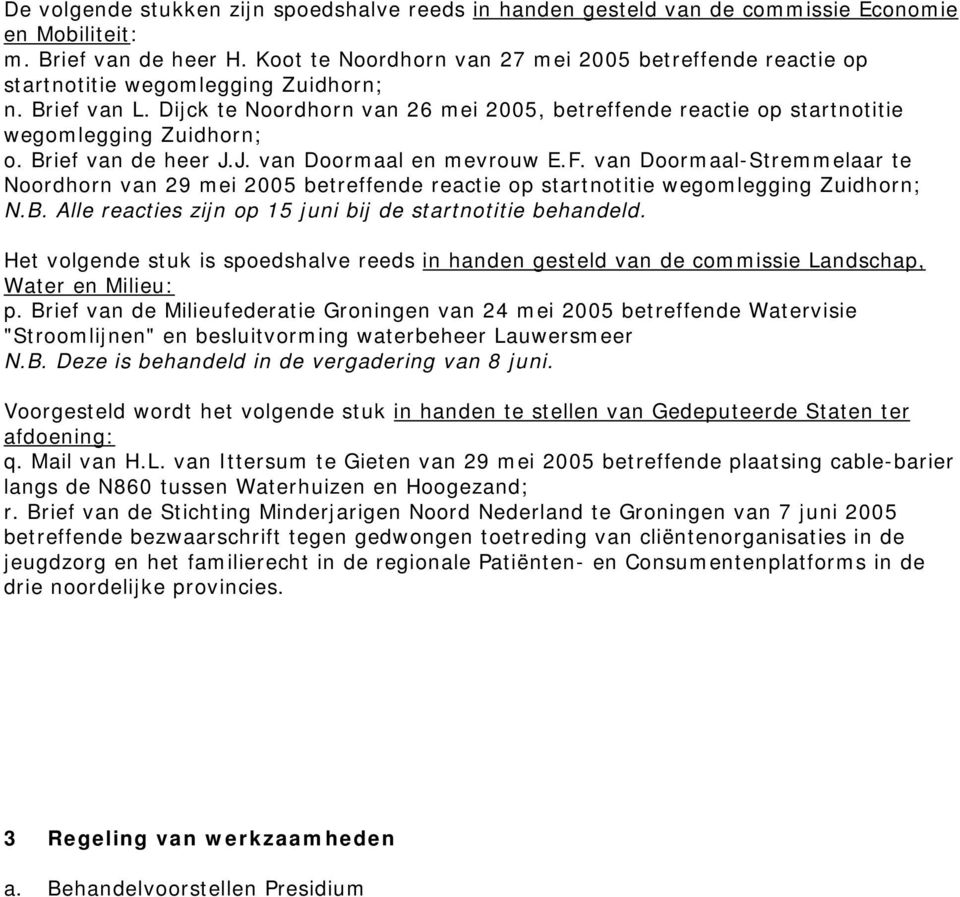 Dijck te Noordhorn van 26 mei 2005, betreffende reactie op startnotitie wegomlegging Zuidhorn; o. Brief van de heer J.J. van Doormaal en mevrouw E.F.