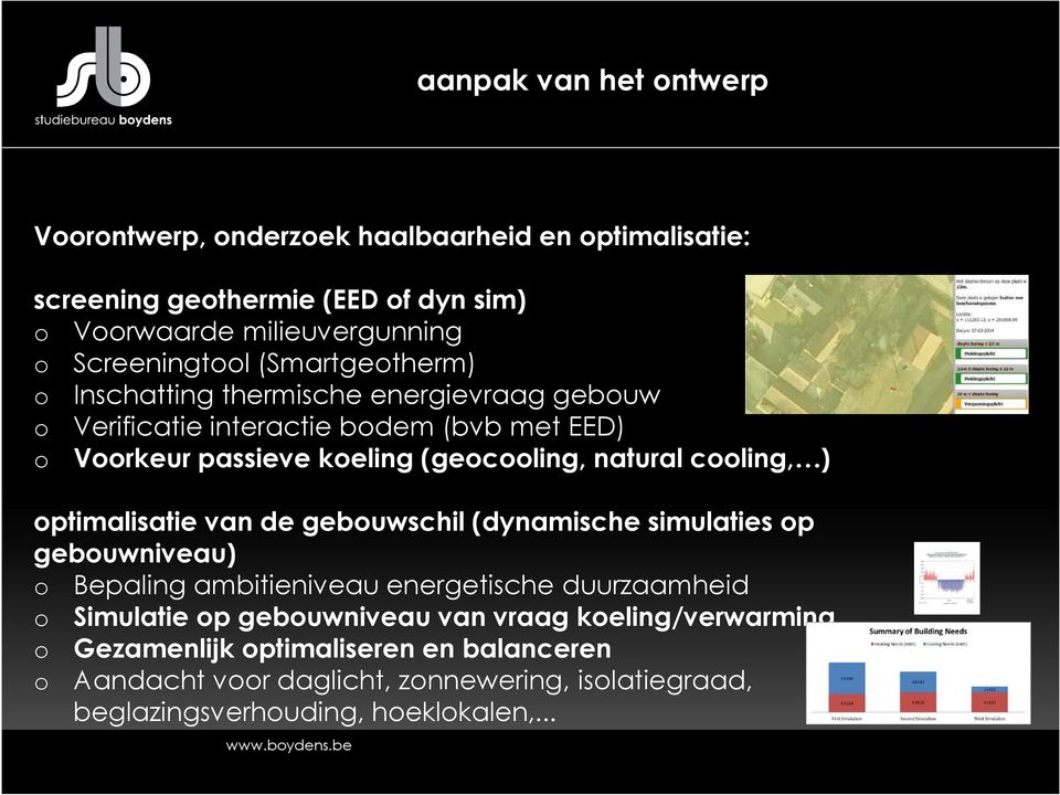 ptimalisatie van de gebuwschil (dynamische simulaties p gebuwniveau) Bepaling ambitieniveau energetische duurzaamheid Simulatie p gebuwniveau van