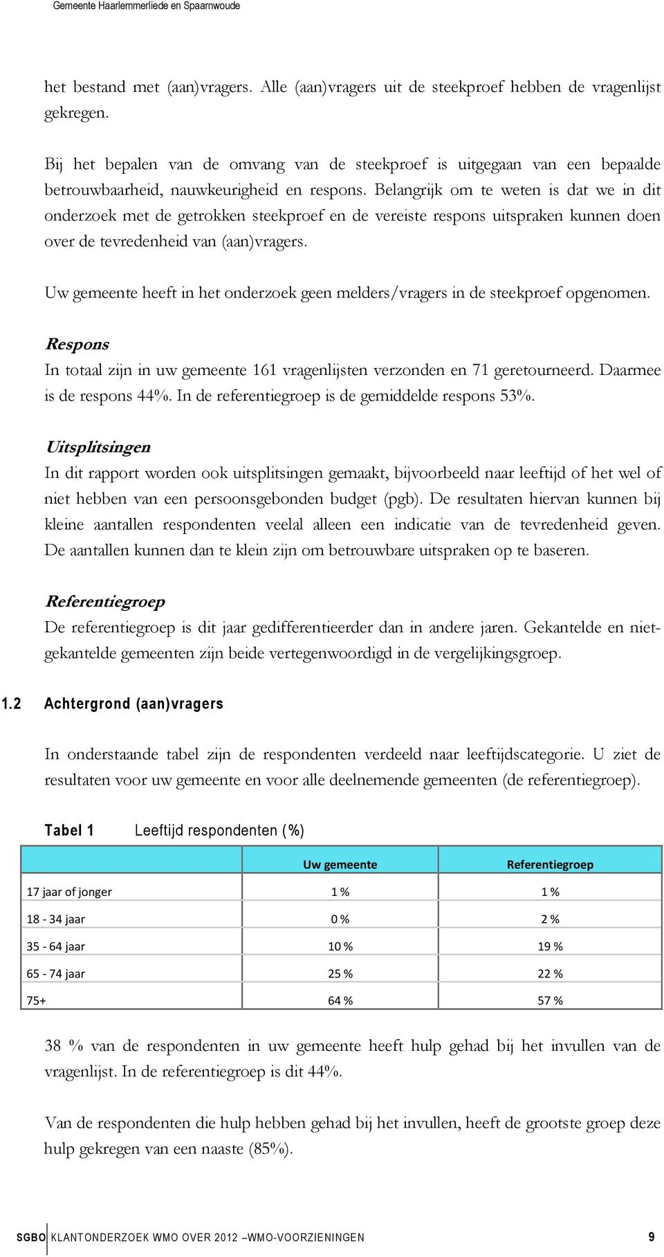 Belangrijk om te weten is dat we in dit onderzoek met de getrokken steekproef en de vereiste respons uitspraken kunnen doen over de tevredenheid van (aan)vragers.