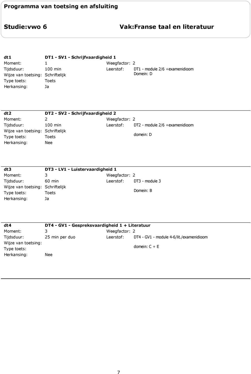 +examenidioom domein: D dt DT - LV - Luistervaardigheid 60 min DT - module Domein: B dt4