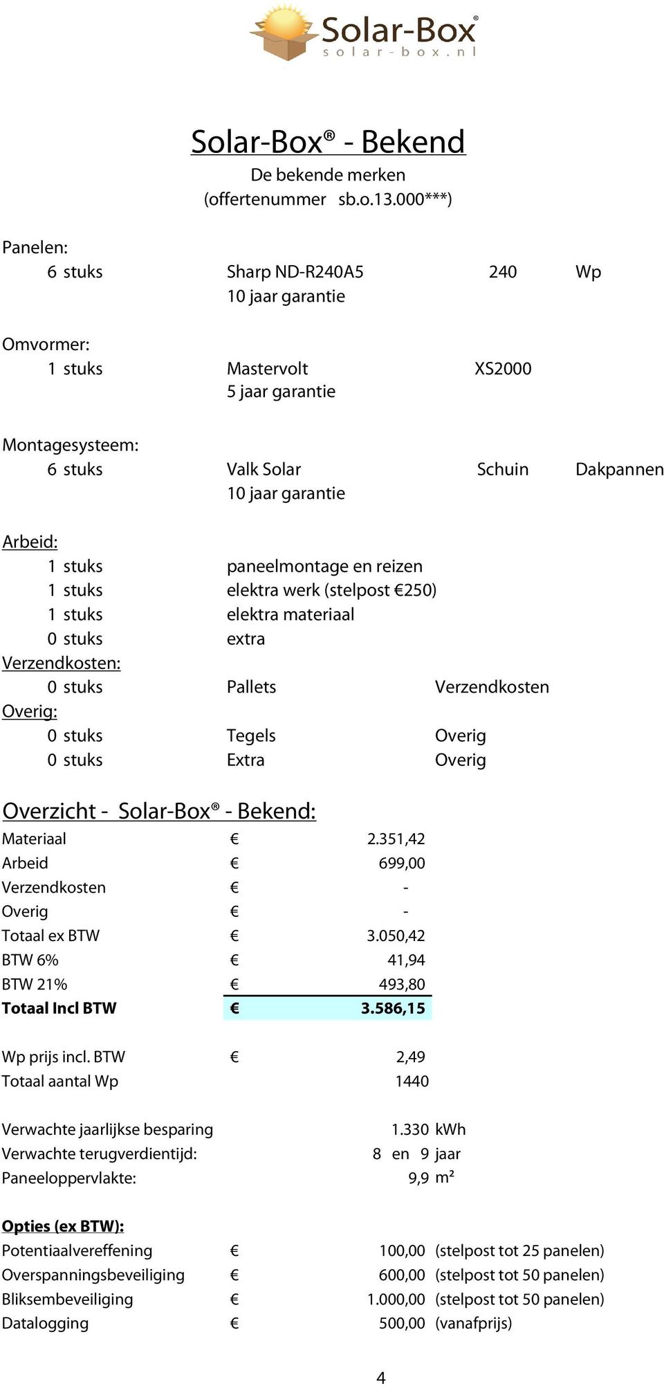 stuks paneelmontage en reizen 1 stuks elektra werk (stelpost 250) 1 stuks elektra materiaal 0 stuks extra Verzendkosten: 0 stuks Pallets Verzendkosten Overig: 0 stuks Tegels Overig 0 stuks Extra