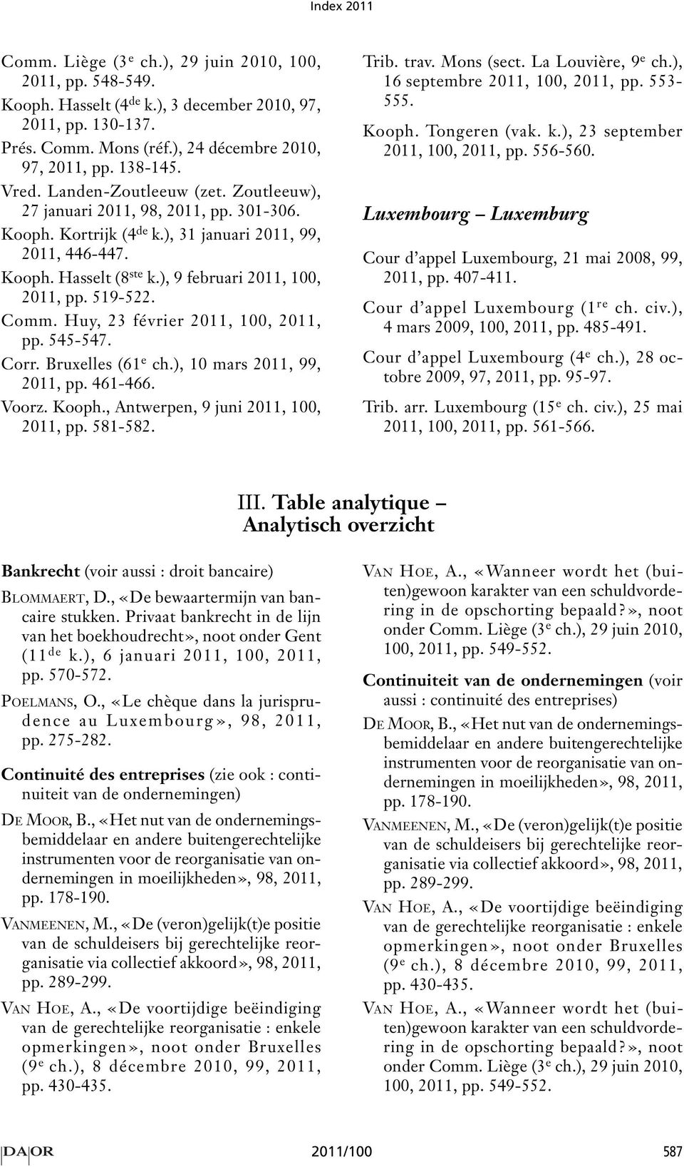 519-522. Comm. Huy, 23 février 2011, 100, 2011, pp. 545-547. Corr. Bruxelles (61 e ch.), 10 mars 2011, 99, 2011, pp. 461-466. Voorz. Kooph., Antwerpen, 9 juni 2011, 100, 2011, pp. 581-582. Trib. trav.