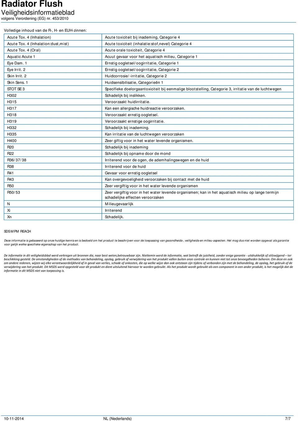 4 (Oral) Acute orale toxiciteit, Categorie 4 Aquatic Acute 1 Acuut gevaar voor het aquatisch milieu, Categorie 1 Eye Dam. 1 Ernstig oogletsel/oogirritatie, Categorie 1 Eye Irrit.