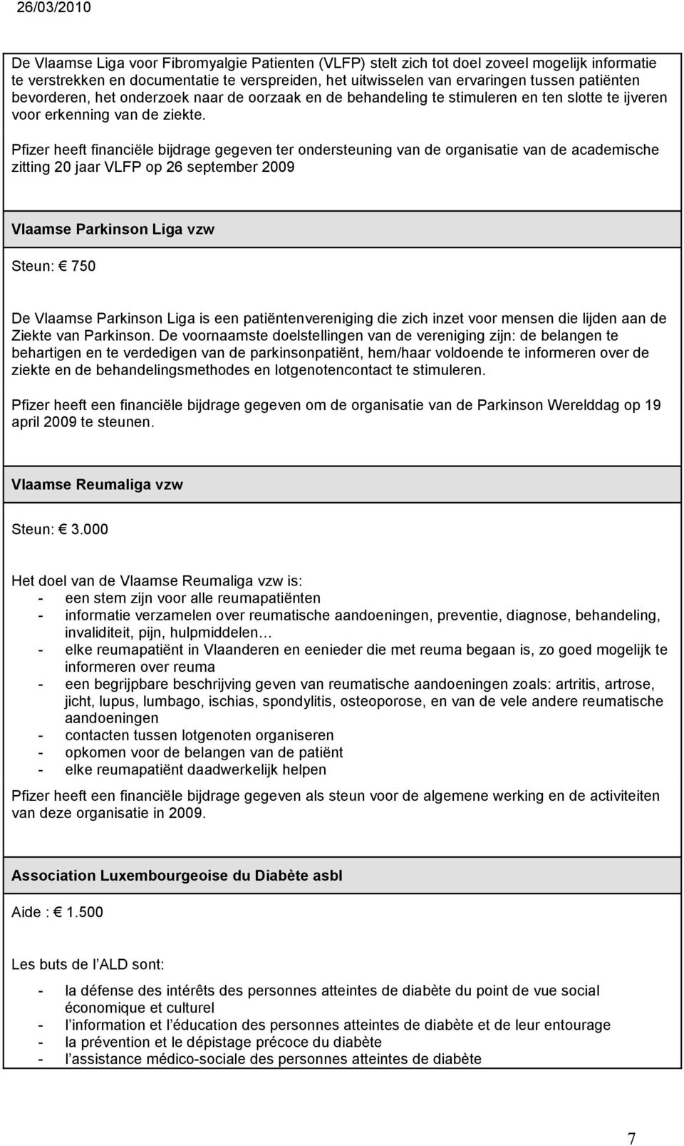 Pfizer heeft financiële bijdrage gegeven ter ondersteuning van de organisatie van de academische zitting 20 jaar VLFP op 26 september 2009 Vlaamse Parkinson Liga vzw Steun: 750 De Vlaamse Parkinson