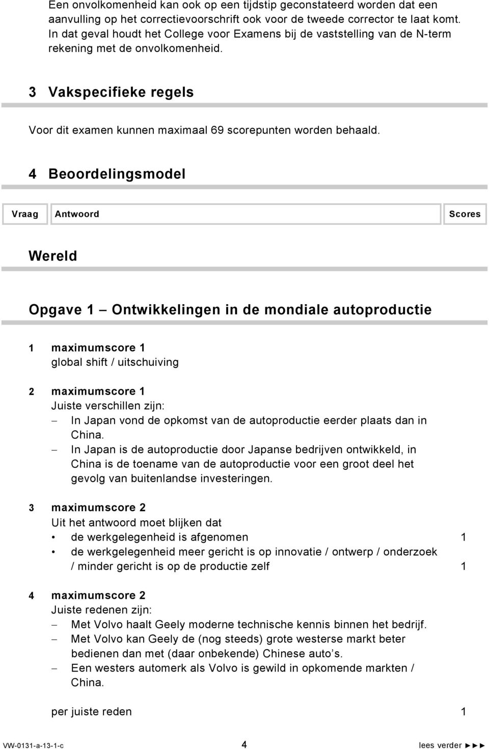 4 Beoordelingsmodel Vraag Antwoord Scores Wereld Opgave 1 Ontwikkelingen in de mondiale autoproductie 1 maximumscore 1 global shift / uitschuiving 2 maximumscore 1 Juiste verschillen zijn: In Japan