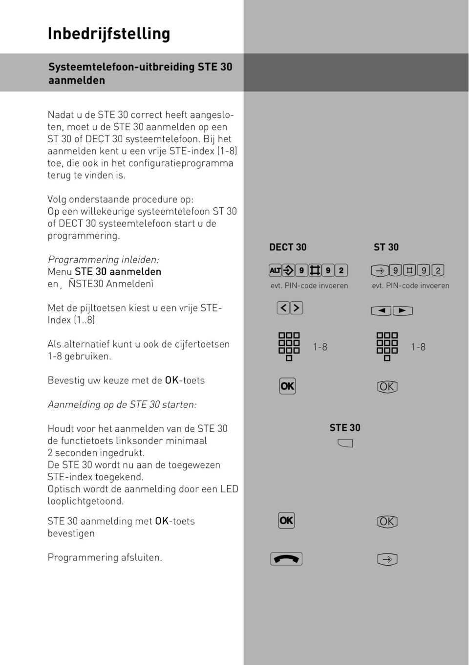 Volg onderstaande procedure op: Op een willekeurige systeemtelefoon ST 30 of DECT 30 systeemtelefoon start u de programmering.