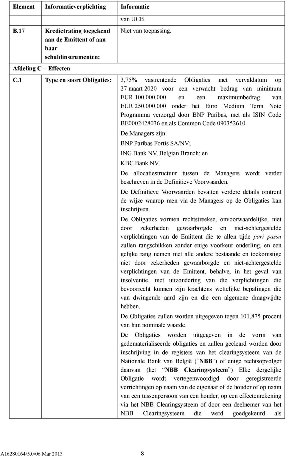 000 en een maximumbedrag van EUR 250.000.000 onder het Euro Medium Term Note Programma verzorgd door BNP Paribas, met als ISIN Code BE0002428036 en als Common Code 090352610.