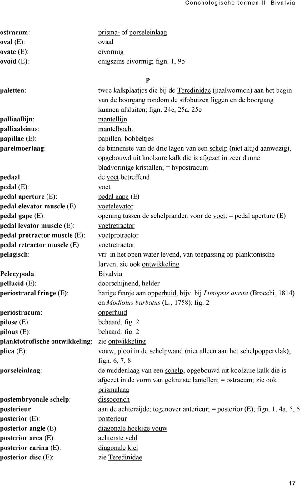 24c, 25a, 25e palliaallijn: mantellijn palliaalsinus: mantelbocht papillae (E): papillen, bobbeltjes parelmoerlaag: de binnenste van de drie lagen van een schelp (niet altijd aanwezig), opgebouwd uit