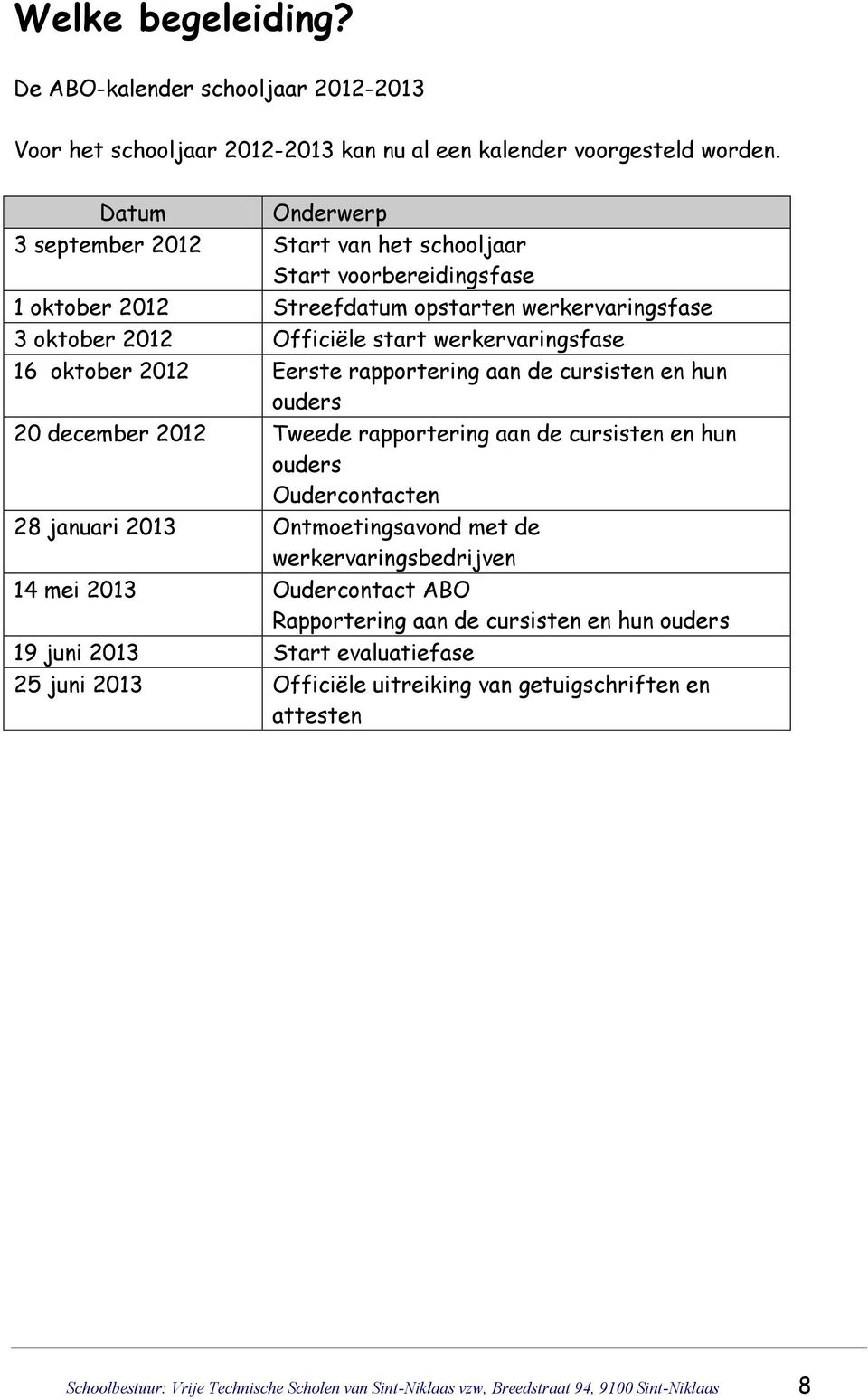 2012 Eerste rapportering aan de cursisten en hun ouders 20 december 2012 Tweede rapportering aan de cursisten en hun ouders Oudercontacten 28 januari 2013 Ontmoetingsavond met de