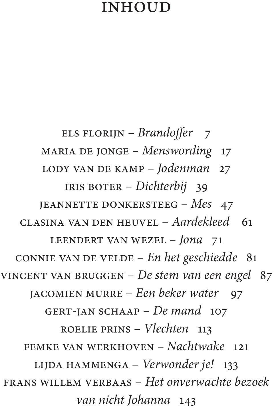 Vincent van Bruggen De stem van een engel 87 Jacomien Murre Een beker water 97 Gert-Jan Schaap De mand 107 Roelie Prins Vlechten