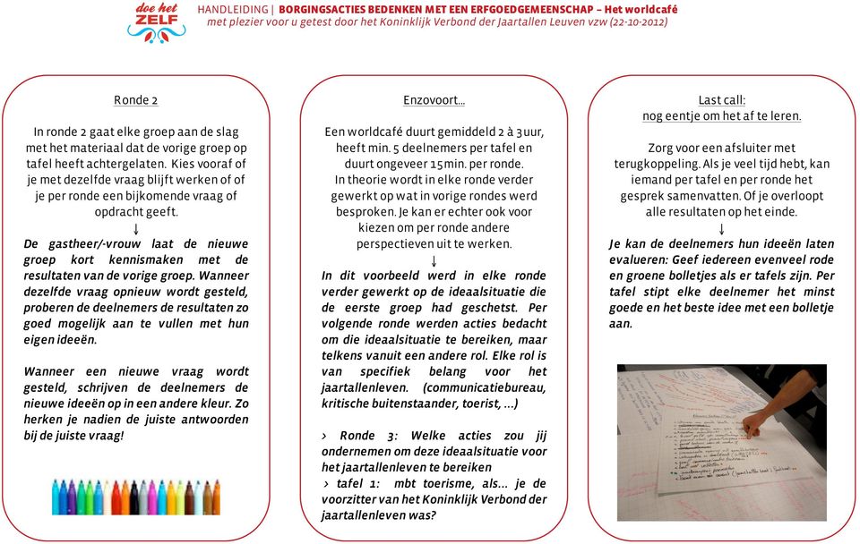 De gastheer/-vrouw laat de nieuwe groep kort kennismaken met de resultaten van de vorige groep.