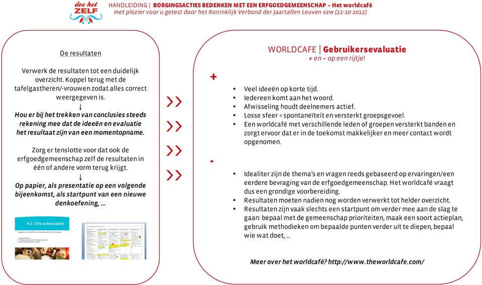 Zorg er tenslotte voor dat ook de erfgoedgemeenschap zelf de resultaten in één of andere vorm terug krijgt.