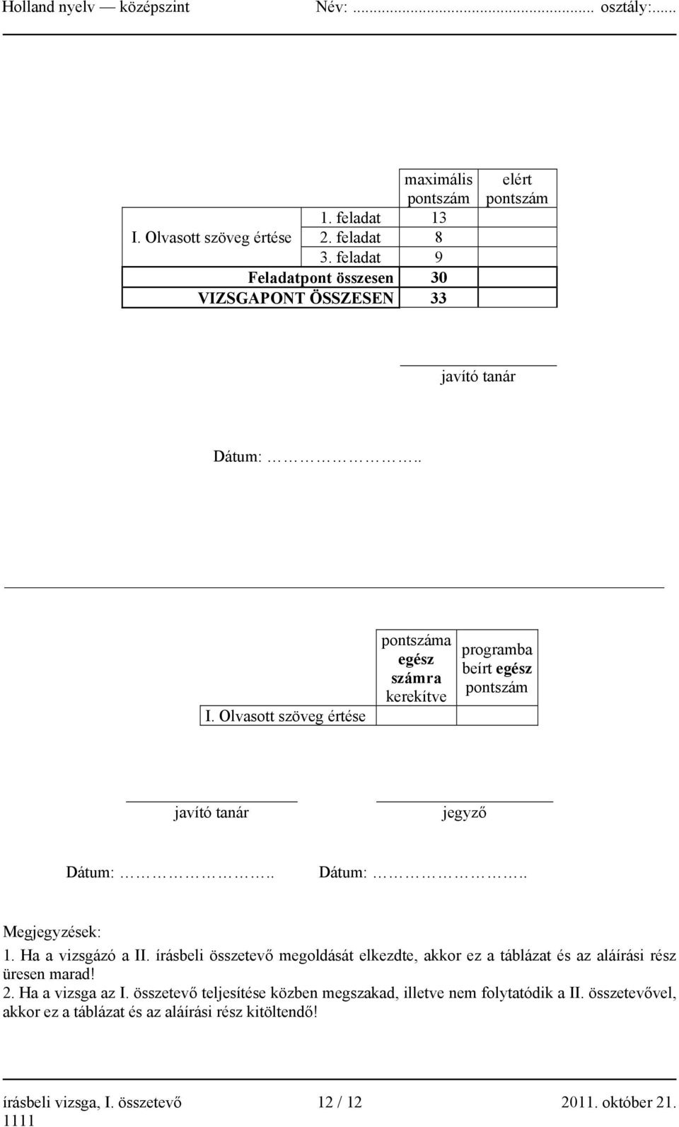 Olvasott szöveg értése pontszáma egész számra kerekítve programba beírt egész pontszám javító tanár jegyző Dátum:.. Dátum:.. Megjegyzések: 1.