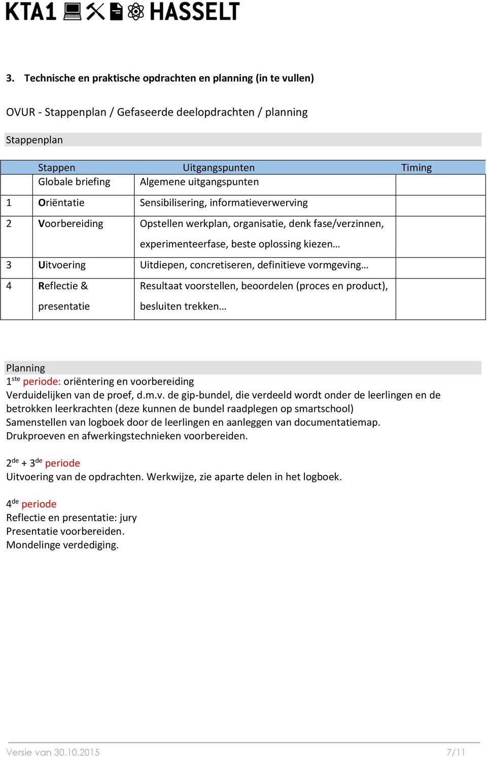 Uitdiepen, concretiseren, definitieve vormgeving 4 Reflectie & presentatie Resultaat voorstellen, beoordelen (proces en product), besluiten trekken Planning 1 ste periode: oriëntering en