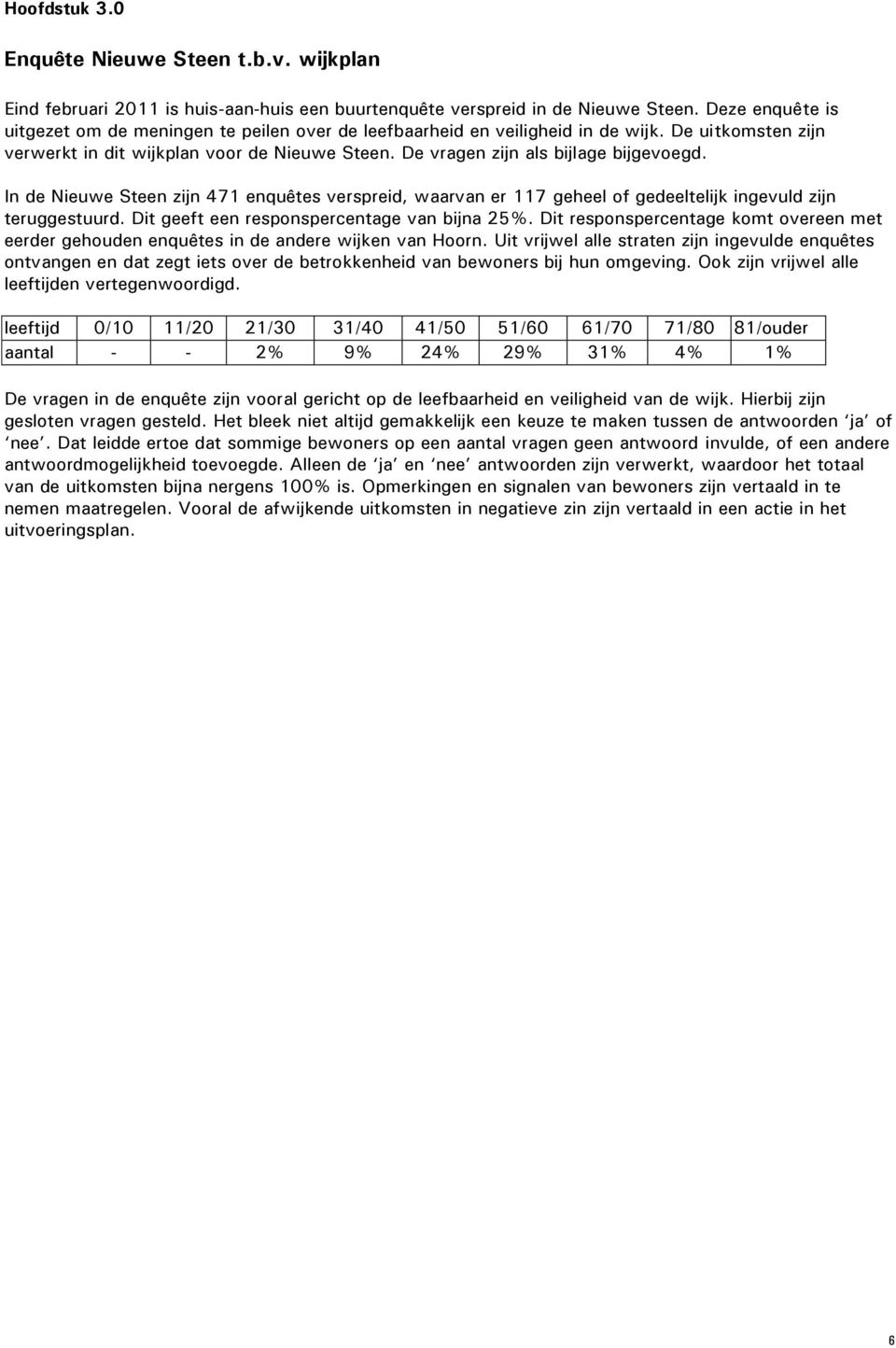 De vragen zijn als bijlage bijgevoegd. In de Nieuwe Steen zijn 471 enquêtes verspreid, waarvan er 117 geheel of gedeeltelijk ingevuld zijn teruggestuurd. Dit geeft een responspercentage van bijna 25%.