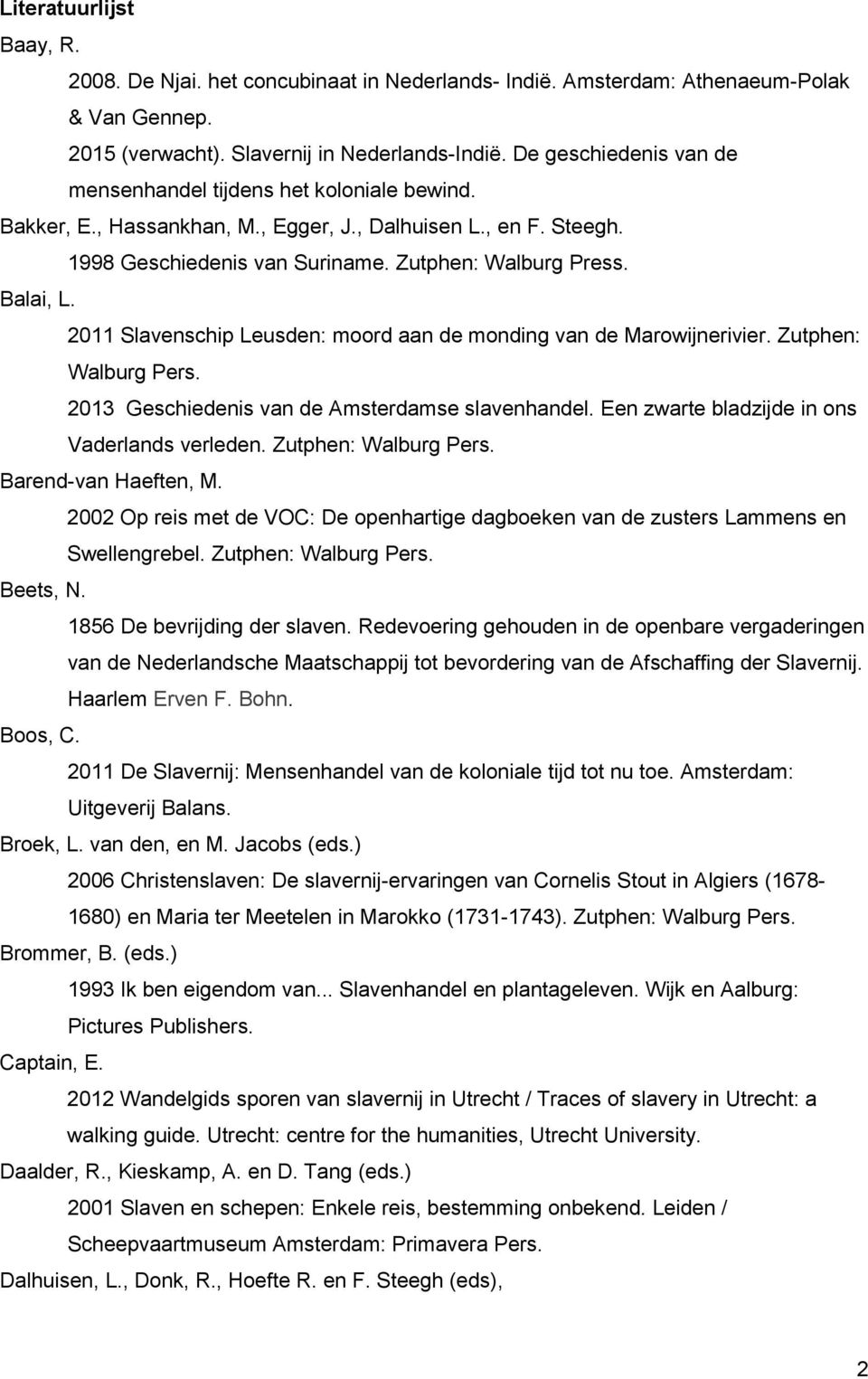 2011 Slavenschip Leusden: moord aan de monding van de Marowijnerivier. Zutphen: Walburg Pers. 2013 Geschiedenis van de Amsterdamse slavenhandel. Een zwarte bladzijde in ons Vaderlands verleden.