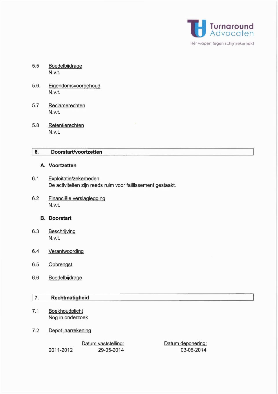 Doorstart 6.3 Beschrijving 6.4 Verantwoording 6.5 Opbrengst 6.6 Boedelbijdrage [ 7. Rechtmatigheid 7.