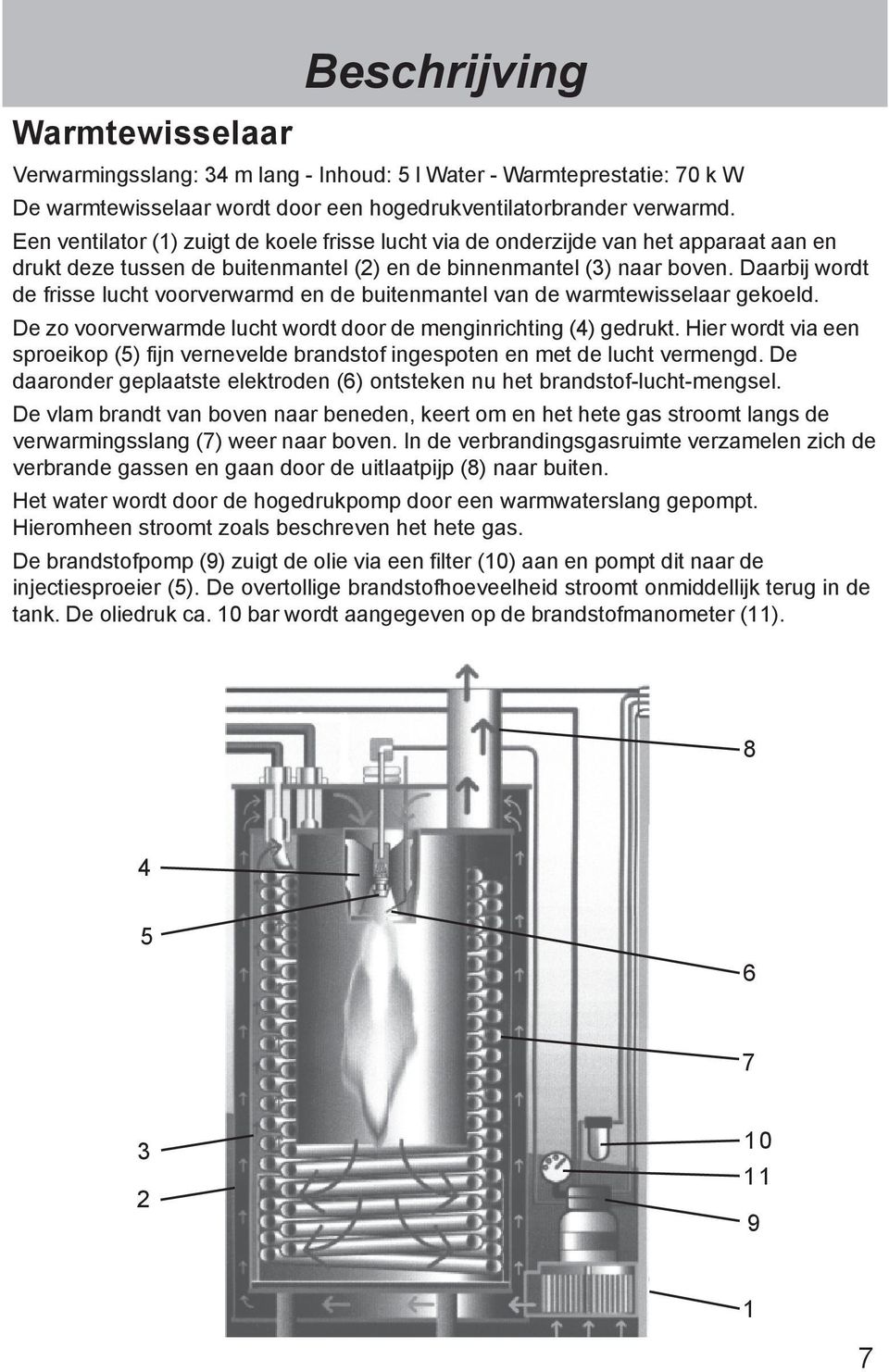 Daarbij wordt de frisse lucht voorverwarmd en de buitenmantel van de warmtewisselaar gekoeld. De zo voorverwarmde lucht wordt door de menginrichting (4) gedrukt.