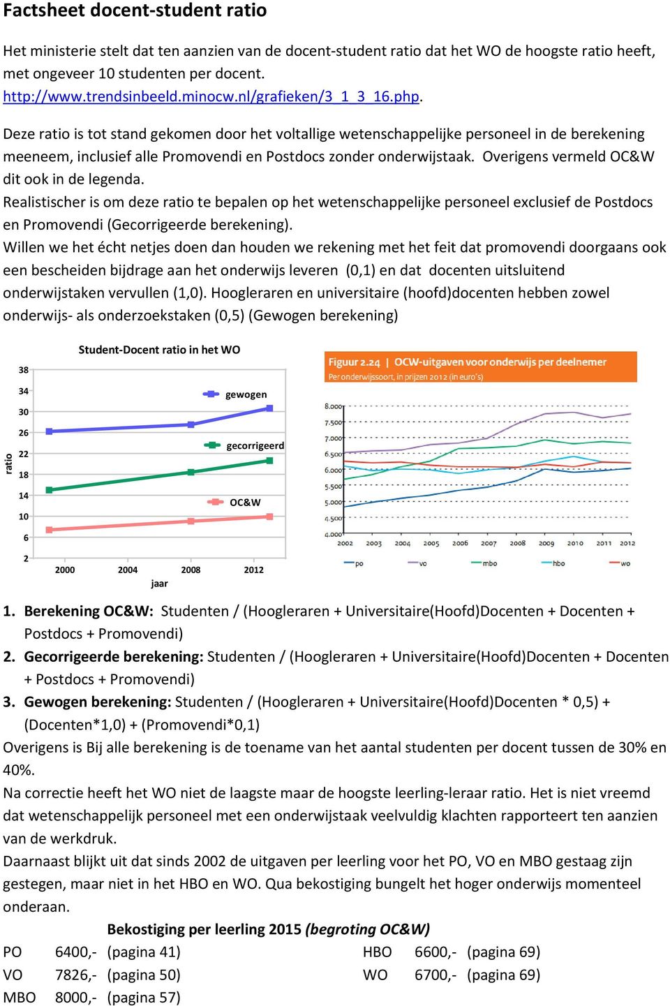 Overigens vermeld OC&W dit ook in de legenda. Realistischer is om deze ratio te bepalen op het wetenschappelijke personeel exclusief de Postdocs en Promovendi (Gecorrigeerde berekening).