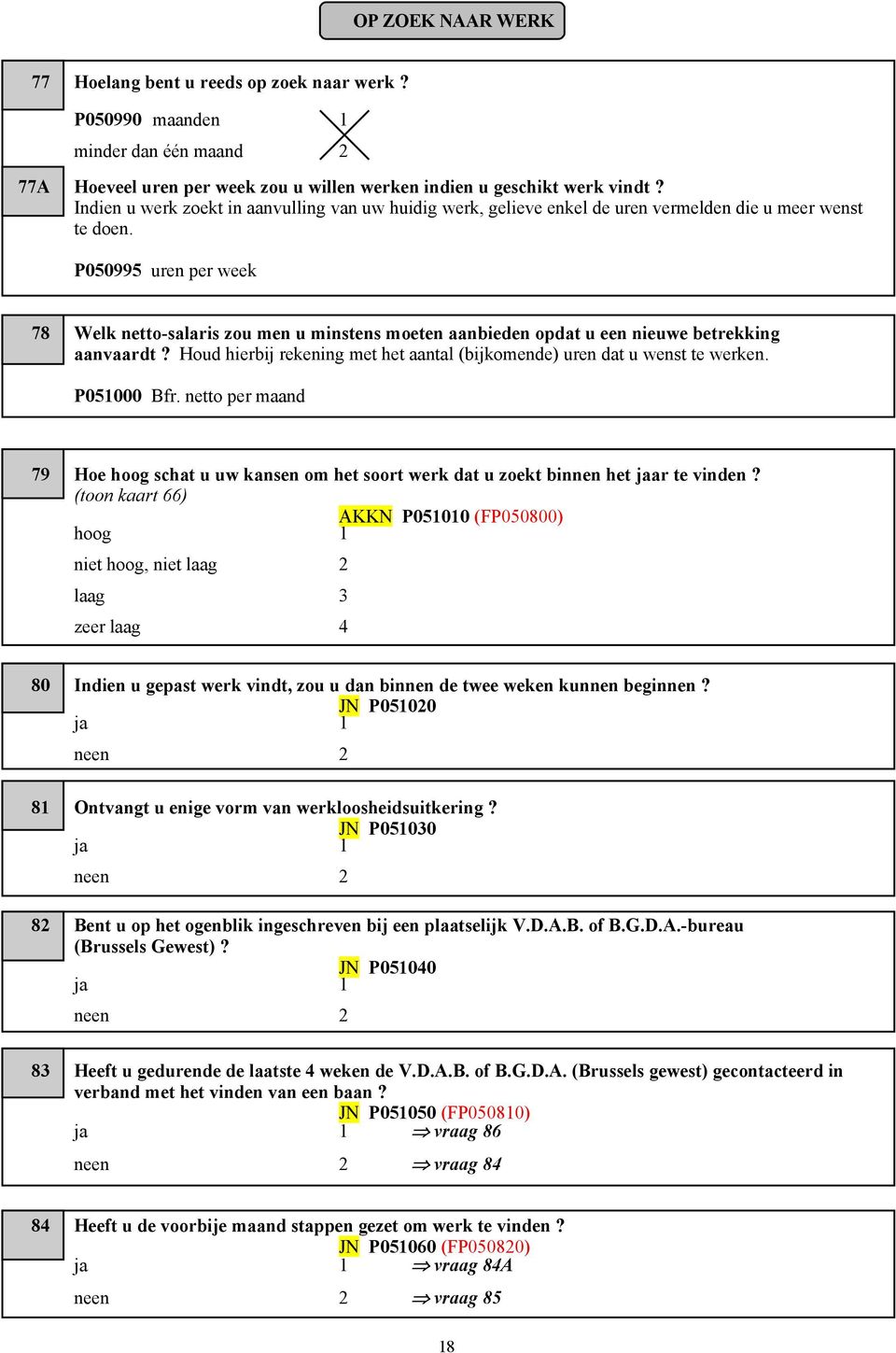 P050995 uren per week 78 Welk netto-salaris zou men u minstens moeten aanbieden opdat u een nieuwe betrekking aanvaardt? Houd hierbij rekening met het aantal (bijkomende) uren dat u wenst te werken.