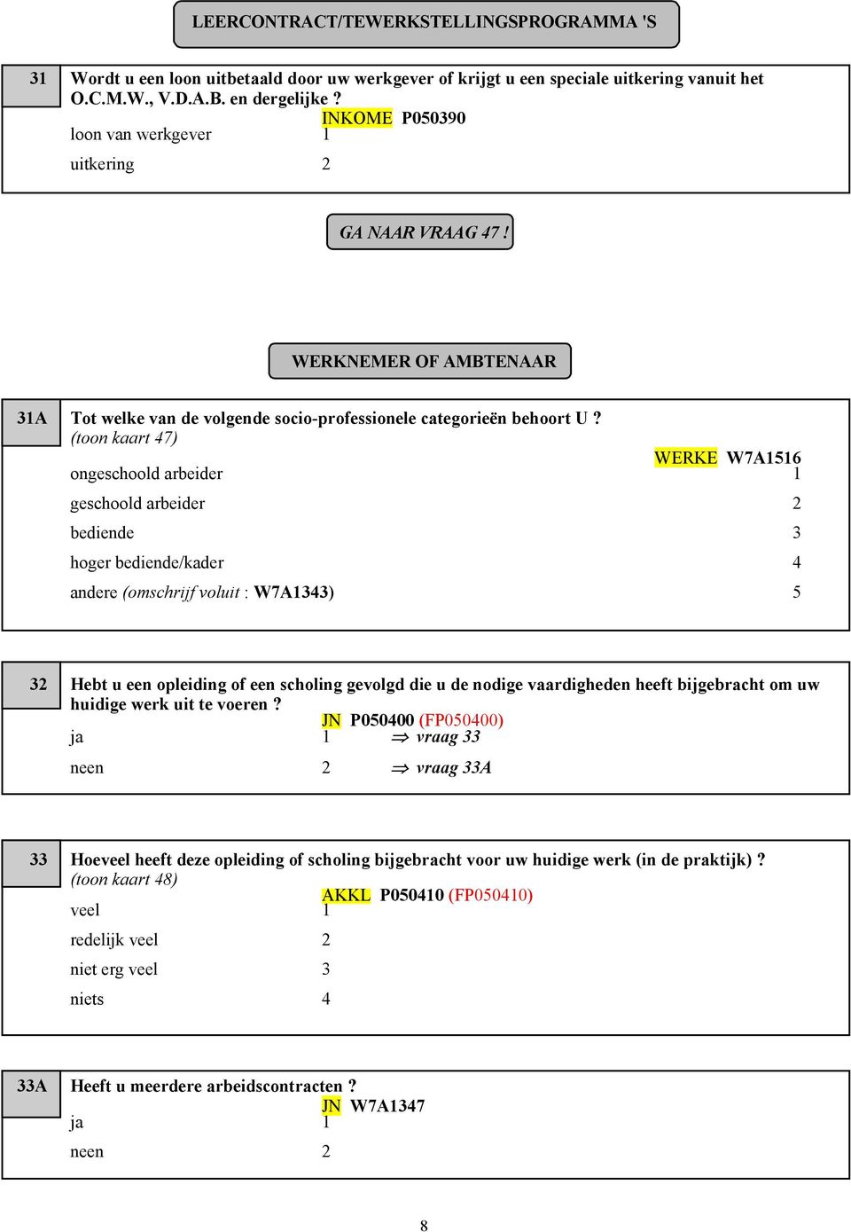 (toon kaart 47) WERKE W7A1516 ongeschoold arbeider 1 geschoold arbeider 2 bediende 3 hoger bediende/kader 4 andere (omschrijf voluit : W7A1343) 5 32 Hebt u een opleiding of een scholing gevolgd die u