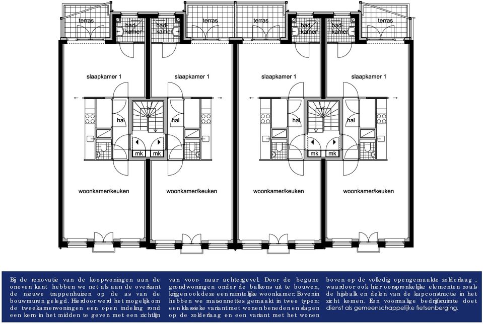 Door de begane grondwoningen onder de balkons uit te bouwen, krijgen ook deze een ruimtelijke woonkamer.