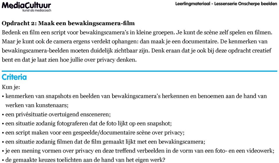 Denk eraan dat je ook bij deze opdracht creatief bent en dat je laat zien hoe jullie over privacy denken.